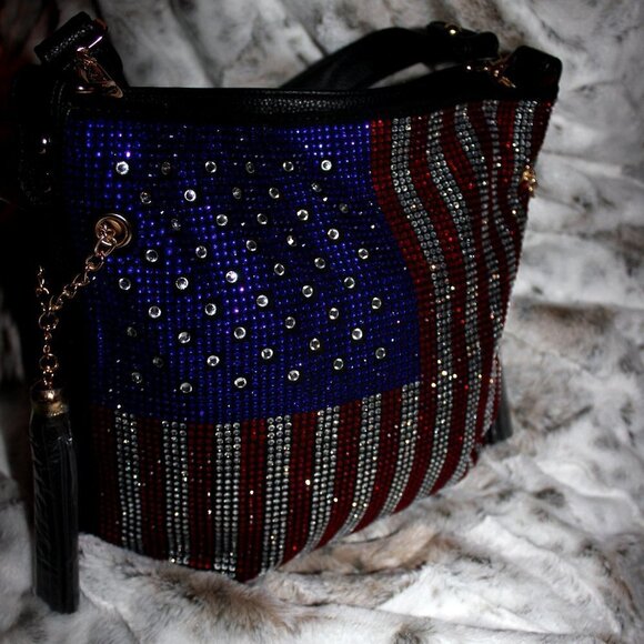American Flag Red White Blue Rhinestone Bling Black Hobo Crossbody Shoulder Bag - Picture 9 of 11